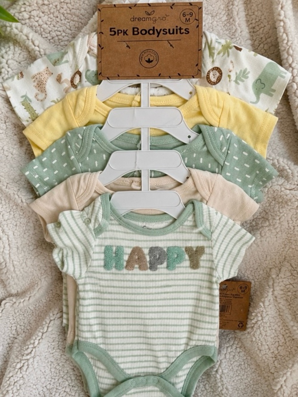 Dreamgrove 5-Pack Baby Bodysuits - Green/Yellow/Cream Happy Stripe Set
